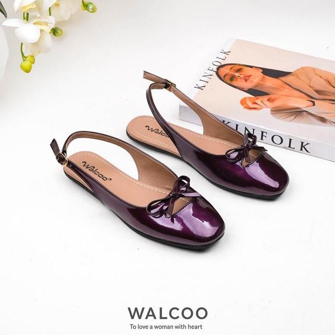 Promo Walcoo MBR Luxe Flat Shoes Glossy Elegan Aksen Pita, Slingback Wanita Kekinian COD