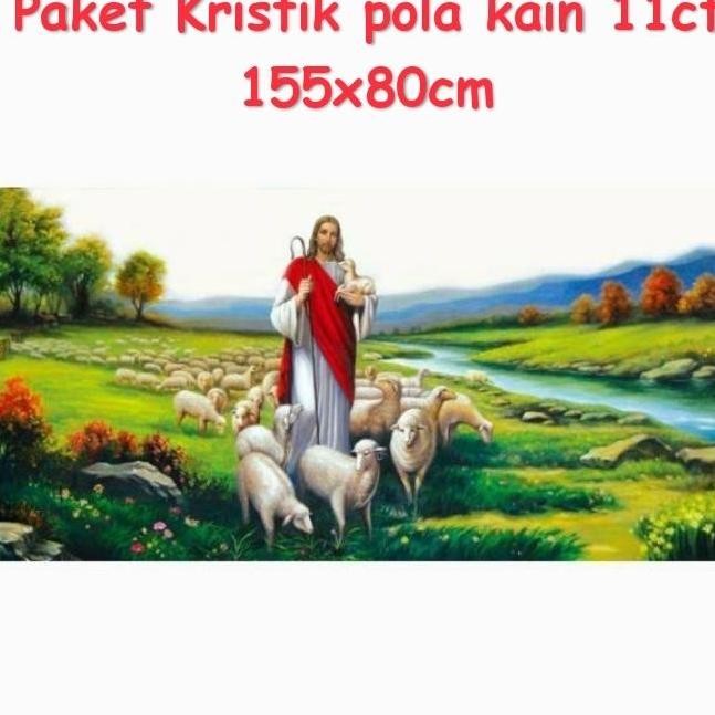DIY paket kristik Yesus gembala domba POLA KAIN JUMBO cross stitch rohani Jesus