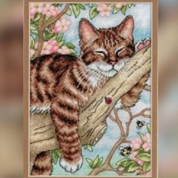 COD paket kristik kucing dan bunga lazy cat pola kain cross stitch 14ct