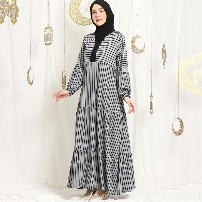 Jv Hasanah Asyifa Ruffle Big Stripes Dress - Gamis Salur Susun Adem, Flowy