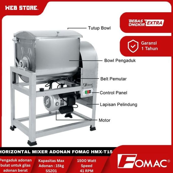 BELLYARD Horizontal Dough Mixer Mesin Pengaduk Adonan Mie Pempek Cireng Dimsum 15Kg FOMAC HMX-T15