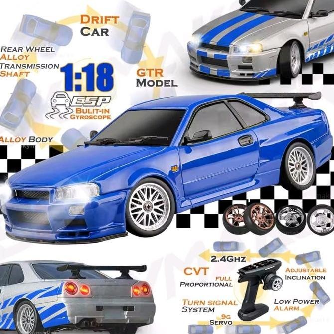RC DRIFT RWD NISSAN SKYLINE GTR R34 R-34 BODY METAL ALLOY SCALE 1/18 FAST FURIOUS BRIAN Remote Toys 