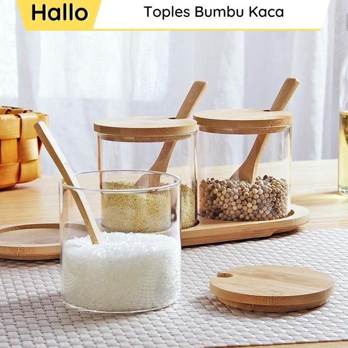 Toples Bumbu Kaca Kayu Estetik Rak Tempat Penyimpanan Bumbu Dapur