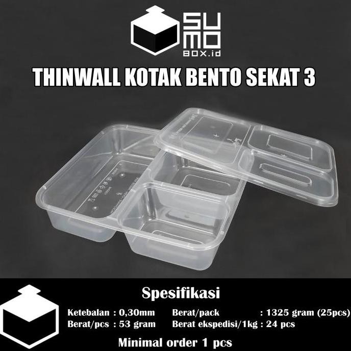 Bento 3 Sekat + Tutup / Thinwall Bento Sekat / Box Kotak Nasi Plastik