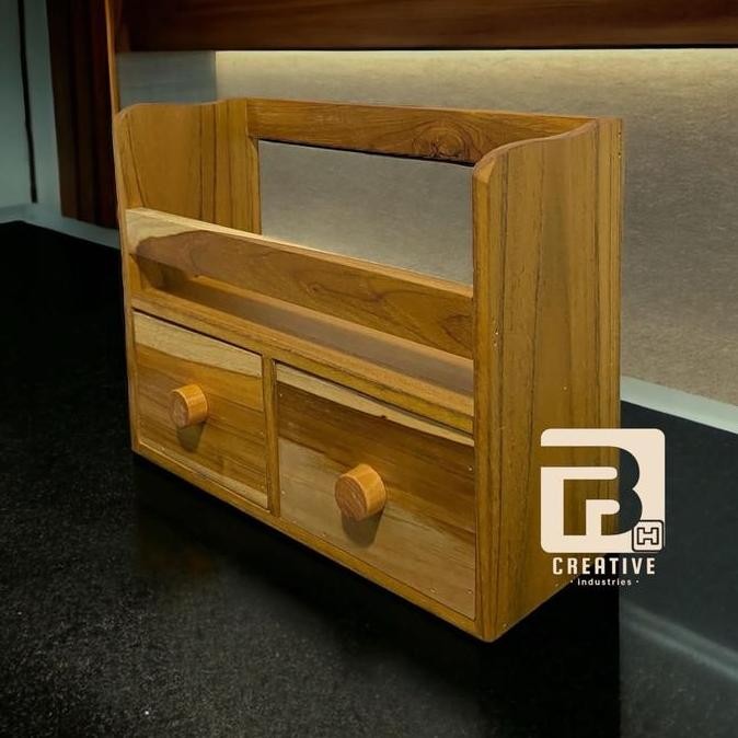 Rak Bumbu Kombinasi Laci Penyimpanan Rak Tempat Bumbu Dapur Kayu Set Plastik Toples