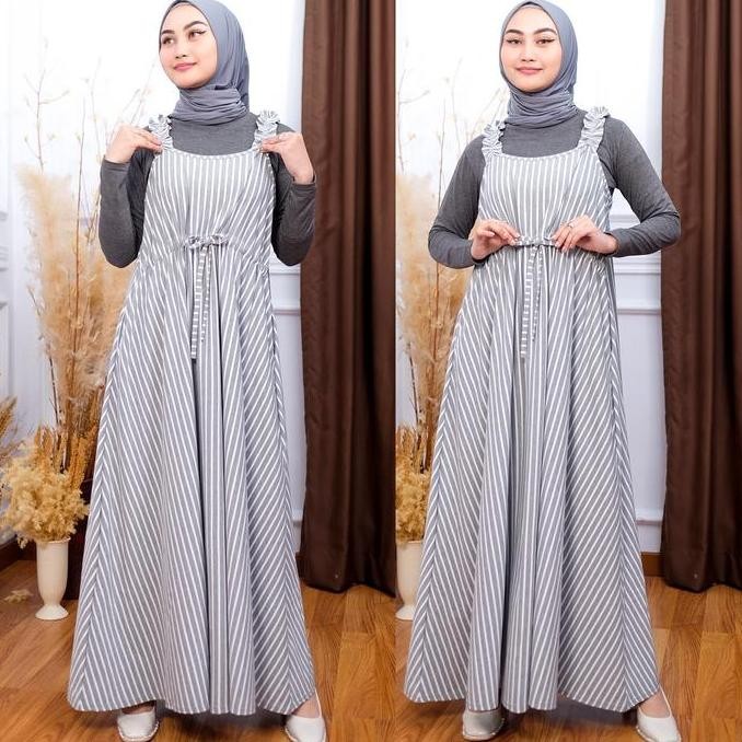 Jv Hasanah Nadira Dress With Inner Big Stripes - Setelan Gamis Dengan Inner