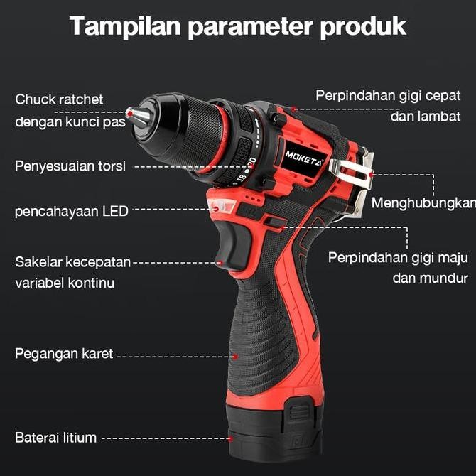 ENRIO- V18 Bor Tanpa Kabel Tanpa Sikat Obeng Isi Ulang Bor Tangan Perkakas Listrik