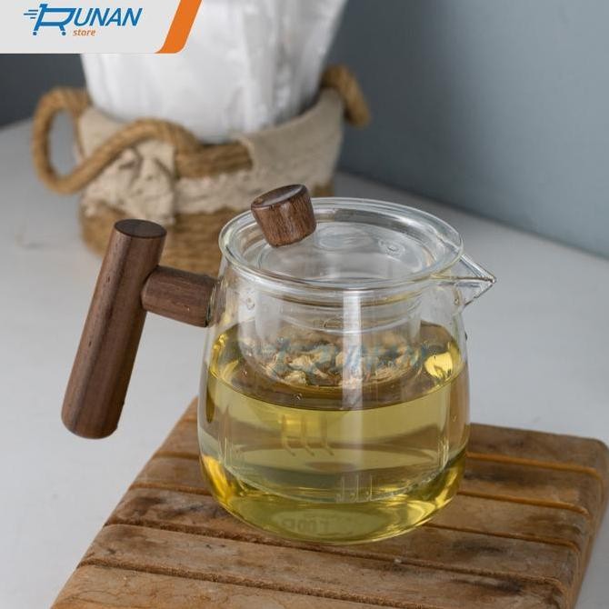 Teko Teh Kaca Infuser Tahan Panas Gagang Kayu Teko Saringan Teh