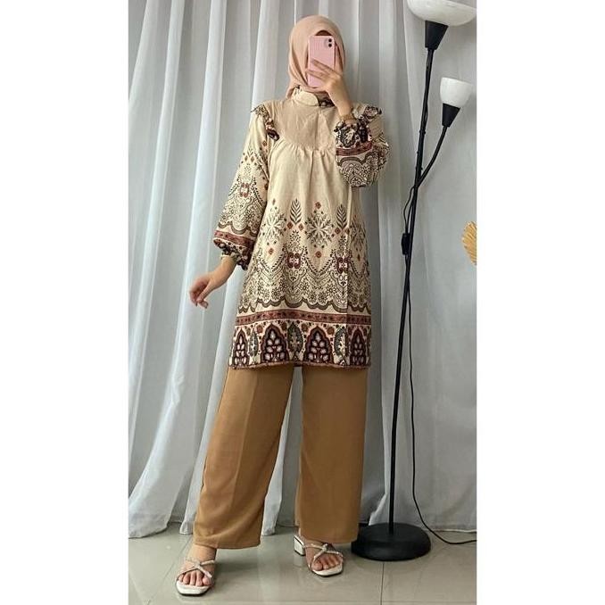 Adela One Set Tunik Babydoll | Setelan Tunik Rayon Mix Crinkle Terbaru | Inspirasi Outfit Kekinian