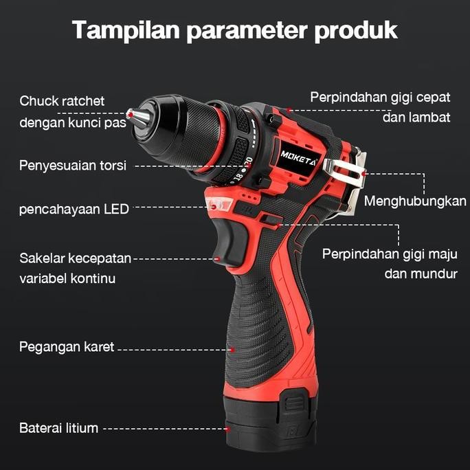ENRIO- V18 Bor Tanpa Kabel Tanpa Sikat Obeng Isi Ulang Bor Tangan Perkakas Listrik