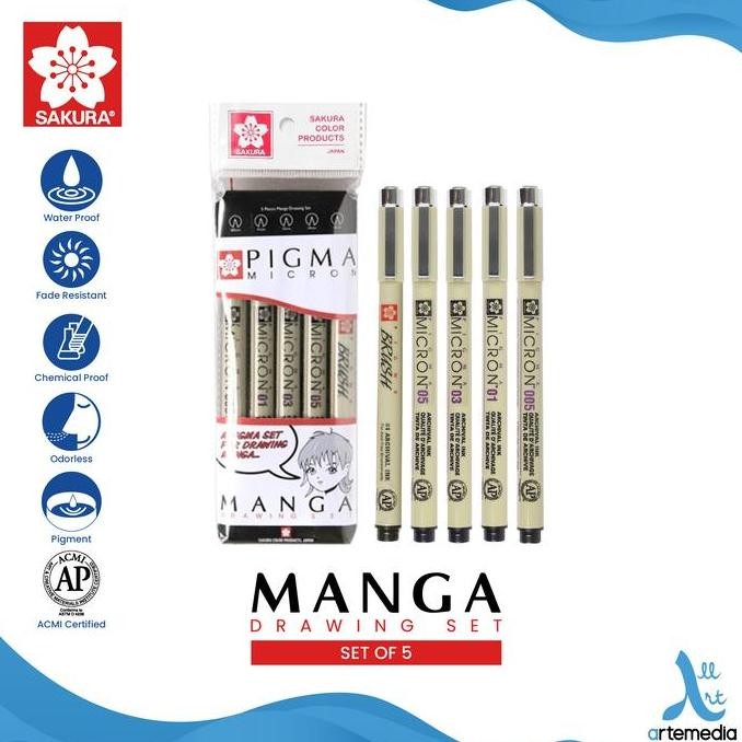 SAKURA PIGMA MICRON MANGA SET 5 DRAWING PEN ORIGINAL DAN TERPERCAYA