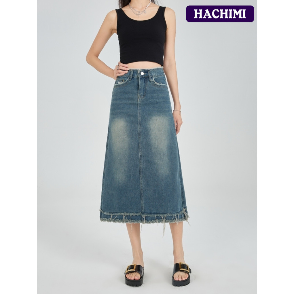 Hachimi Rok Denim Panjang Wanita model vintage / Rok Jeans Wanita / Rok Jeans Retro / High Waist Jea