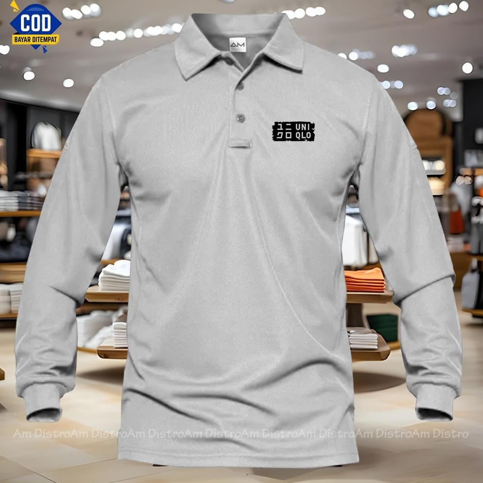 COD  Kaos kerah seragam polos dewasa Uniqlo Text Hitam lengan panjang | kaos pria kerah polo shirt p