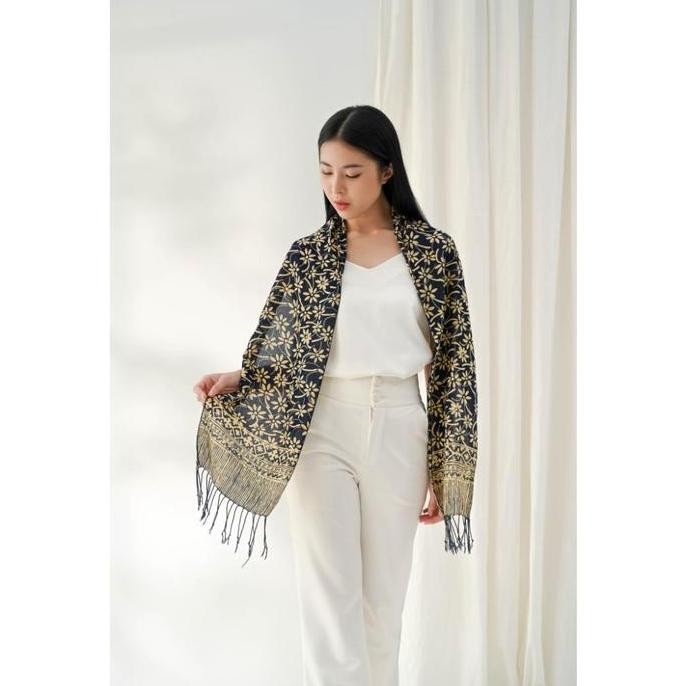 Promo BATIK RATU - Scarf Batik Melati Tangkai - Blue | DNC COD