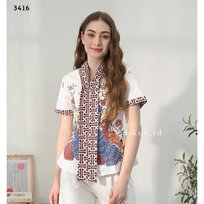 Promo Pikoi_id | Baju batik wanita merah putih lengan pendek / atasan kebaya modern / top Katun  Kan