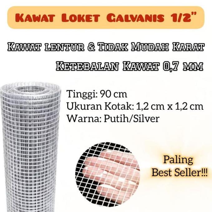 Kawat Loket Galvanis Putih 1/2 inch Kawat RAM Ayakan Bangunan 1/2" 1 Roll Panjang 10 Meter Tebal