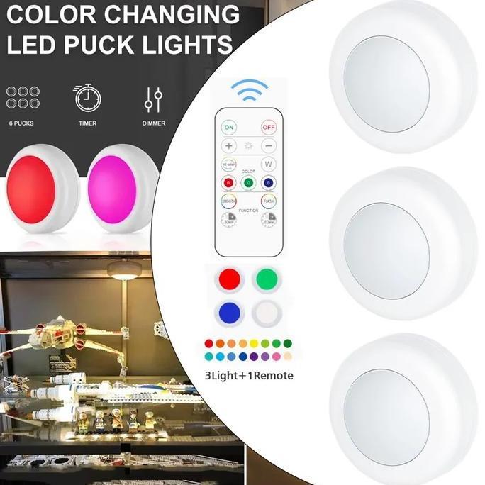 3 PCS Lampu LED Downlight Tempel Lemari RGB Wireless 16 Warna Diskon