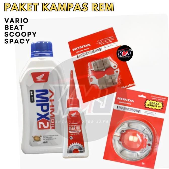 PAKET KAMPAS REM OLI MPX 2+ OLI GARDAN + KAMPAS BELAKANG KZL & DEPAN KVB BEAT VARIO SCOOPY HONDA ORI