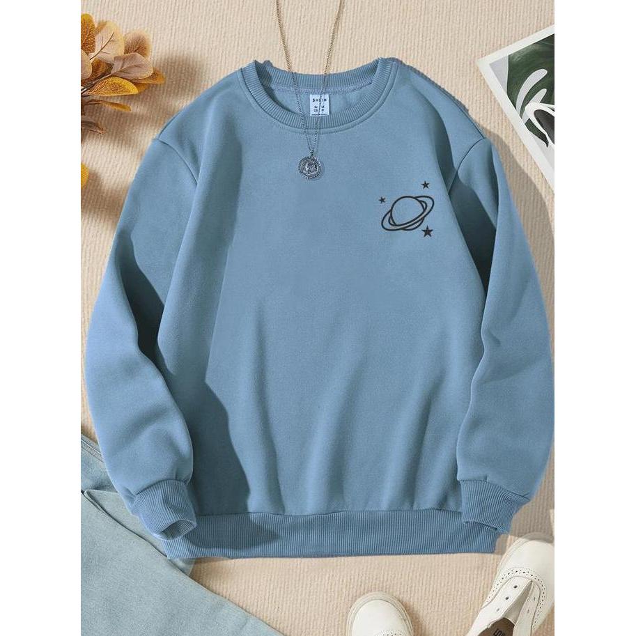 DF251 >> Sweater PLANET Wanita Crewneck Oblonng Remaja Dewasa Cewe flece Murah Santai Hitam Coksu Mi