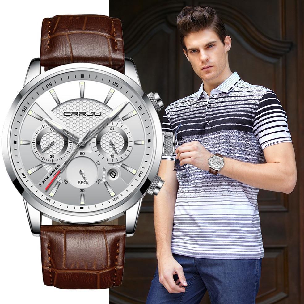 FAST DELIVERY CRRJU Leather Quartz Watch Sport Waterproof Date Chronograph Jam Tangan Pria