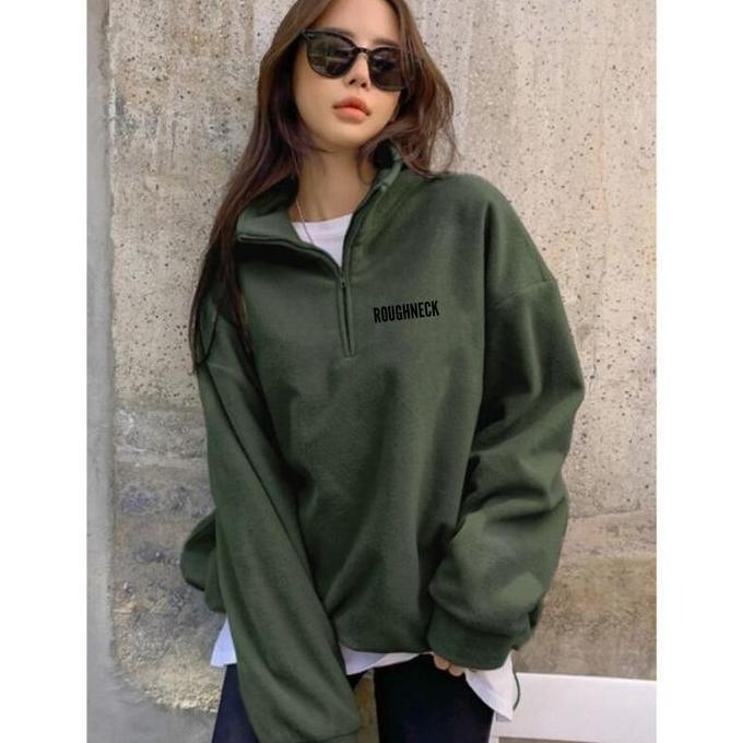 OOTD Outwear Sweater Pria Roughneck Berkerah / HalfZip Sweatshirt Army  Bahan Fleece / Crewneck Casu