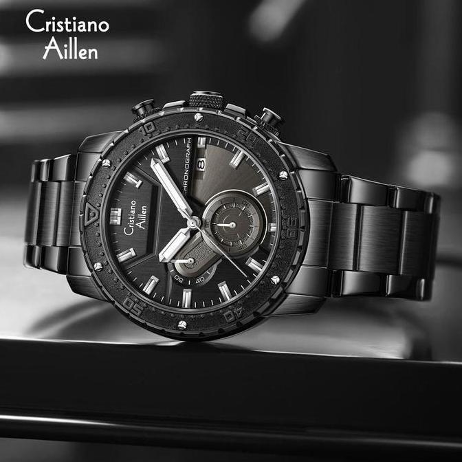 opalveroz - Cristiano Aillen Jam Tangan Pria Analog 8900 Rantai Stainless Steel Chronograph Kaca Sap