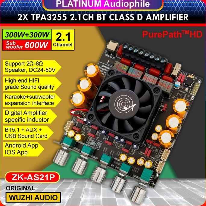 Tpa3255 Amplifier Class D 2.1Ch Bluetooth 5.1 Stereo + Subwoofer 2X 300W + 600W Original Zk-As21P