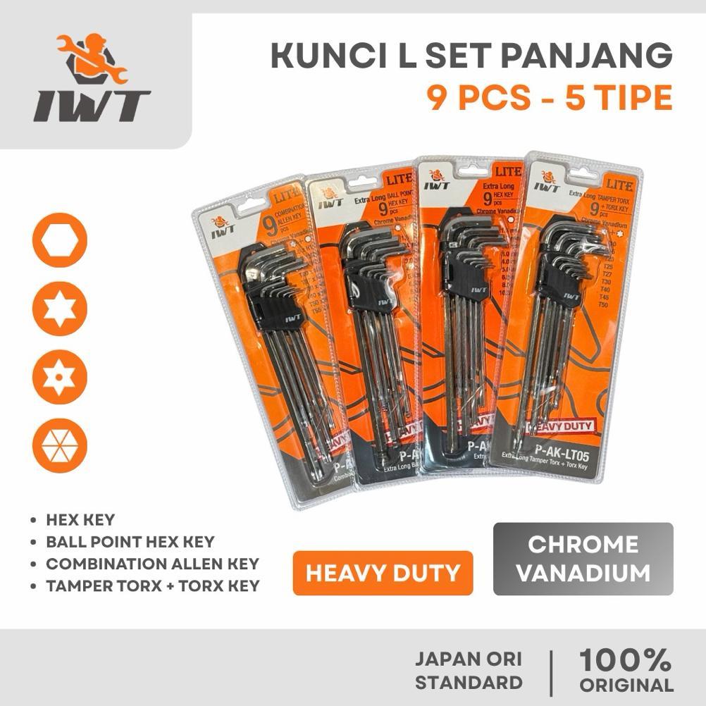 Kunci L set panjang 9 pcs IWT LITE JAPAN HEX-HEX/FLAT-BALL/TORX-TORX/FLAT-TORX HEAVY DUTY EXTRA LONG