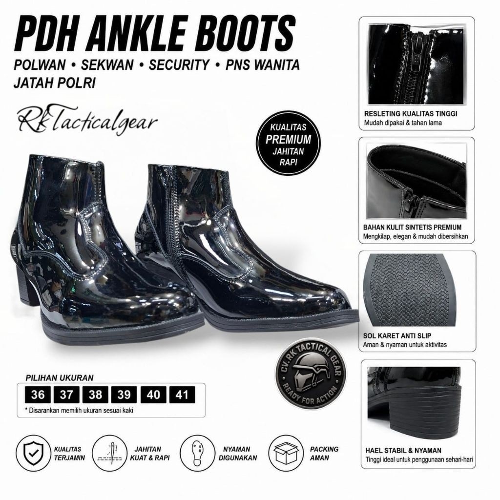 Sepatu PDH Wanita Ankle Boots Kulit Kilap - Sepatu Pantofel Polwan Sekwan Security PNS Jatah Polri W