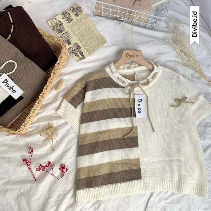 Camisa  - Eris Vest Knit - Rajut Atasan Wanita - Motif Batwing Garis Pita