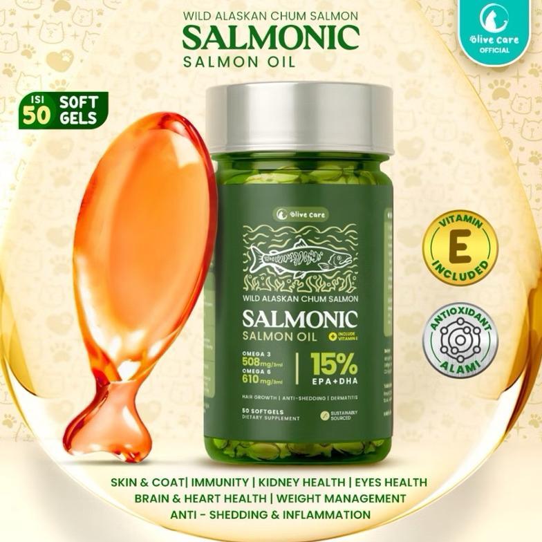 Olive Care Vitamin Minyak Ikan Kucing SALMONIC Murni & Alami Non-GMO Tinggi Omega 3 EPA DHA Omega 6 