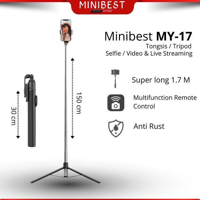 Cell- Mini My17 Tongsis Tripod Bluetooth Selfie Stick RemoteTripod360 Super Long Panjang