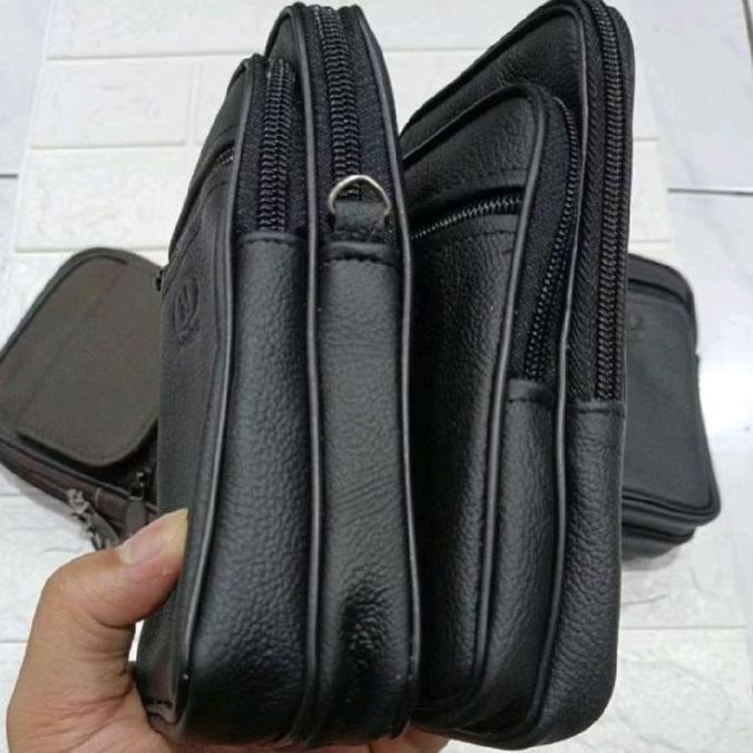 Sarung Hp Kulit Asli Tas Hp Pinggang Kulit Sapi Asli Garut Pria Hitam Dengan 3 Resleting Dan 3 Slot 