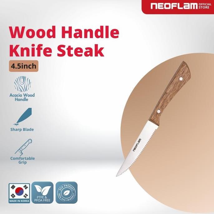 Allthebest- NEOFLAM Wooden Handle Knife Steak 4.5" - Pisau Gagang Kayu Stainless Steel & Tajam