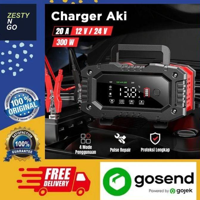 FOXSUR Charger Baterai Aki Mobil Motor Portable 20A 300W 12/24V Diskon