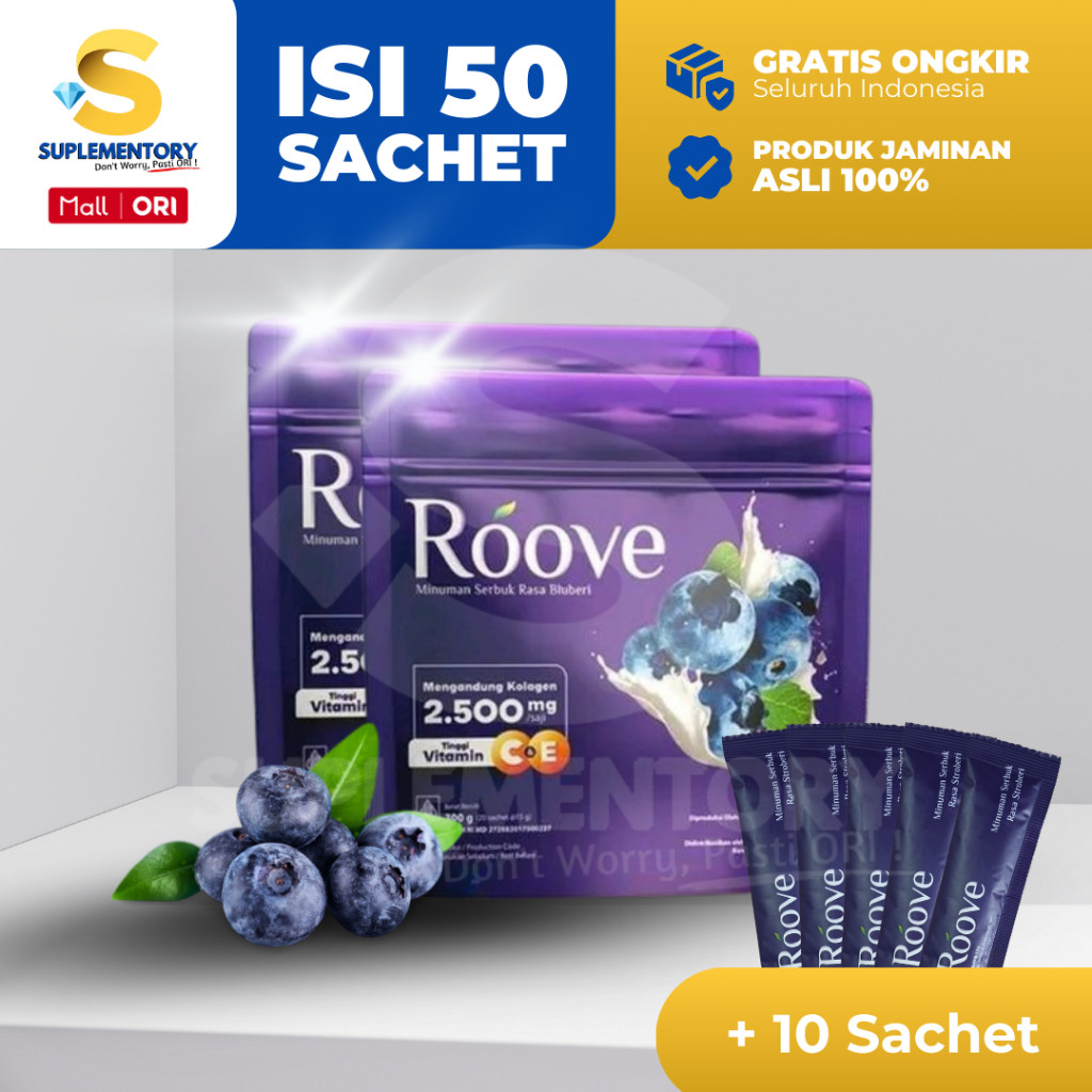 (Hemat 155rb) Roove Collagen Drink 50 Sachet ECER Bonus Shaker