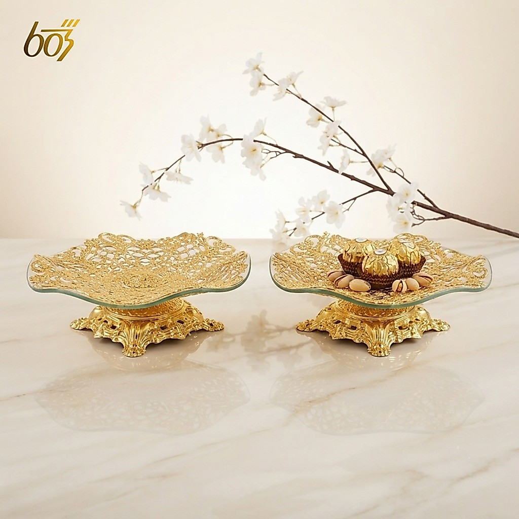 603 Piring Nampan Mini Kaca Tebal Gold Premium Mewah Wadah Cemilan Tempat Mini Cake Dekorasi Meja Na