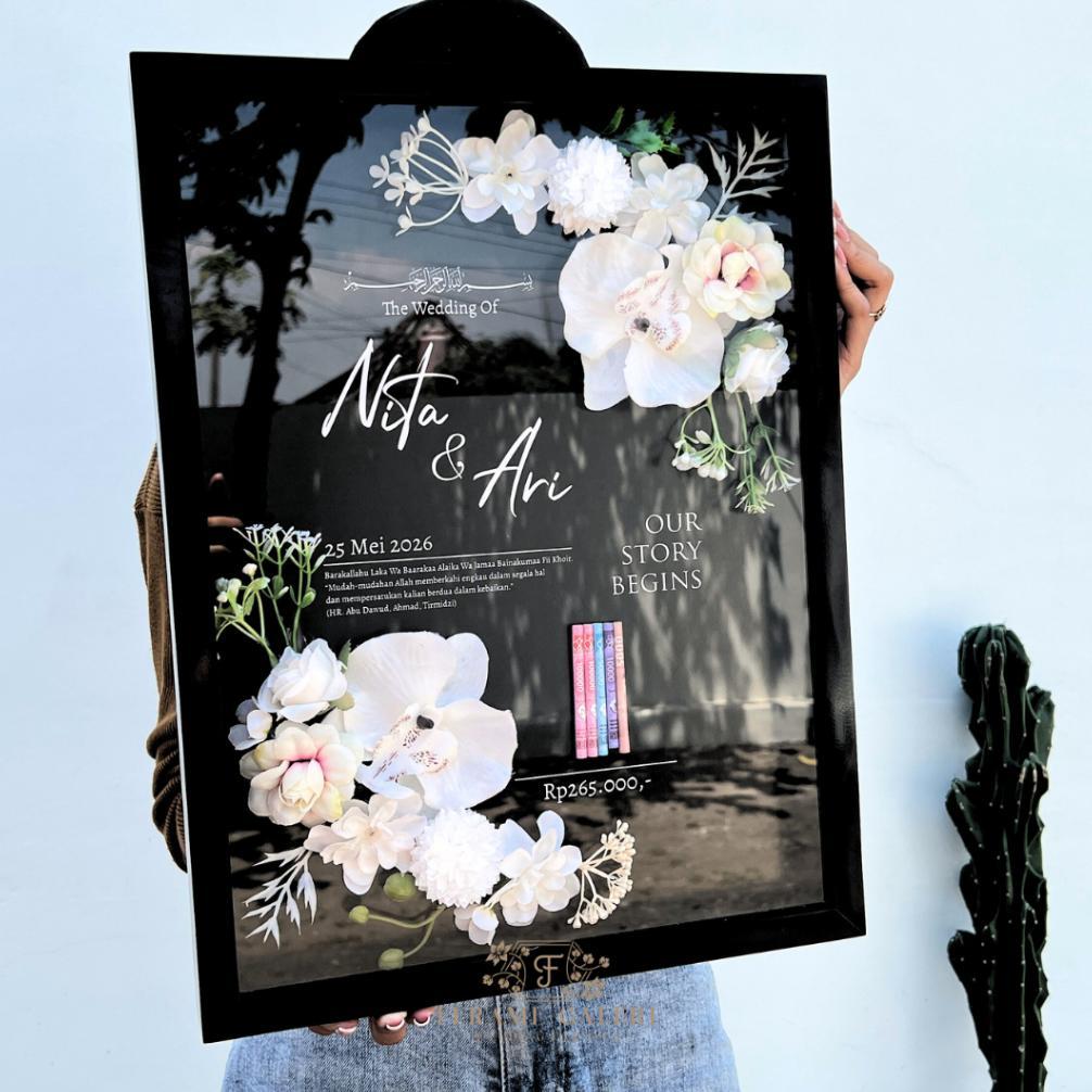 Promo Bingkai Mahar Pernikahan 30x40 - Bingkai Mahar Akrilik Bunga Anggrek Tema Black White - Mahar 