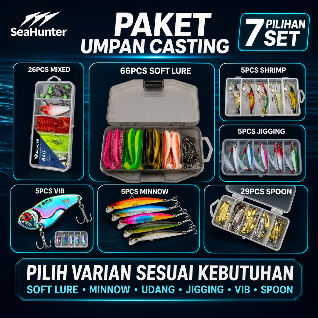 [OFFICIAL] SeaHunter Paket Umpan Pancing Casting Set 5/26/29/66pcs Soft Lure Minnow Udang Jigging VI