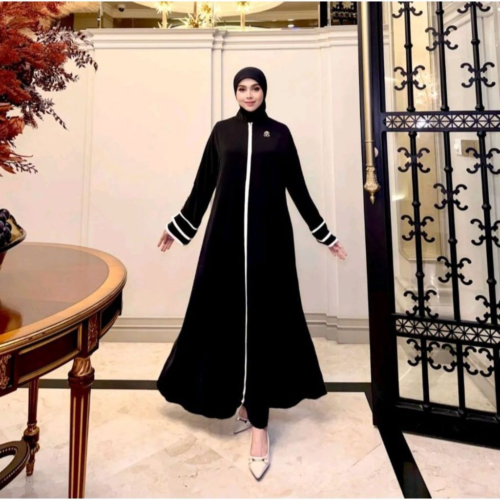 Gamis Abaya Dress Polos List Putih by Sheila Saukia