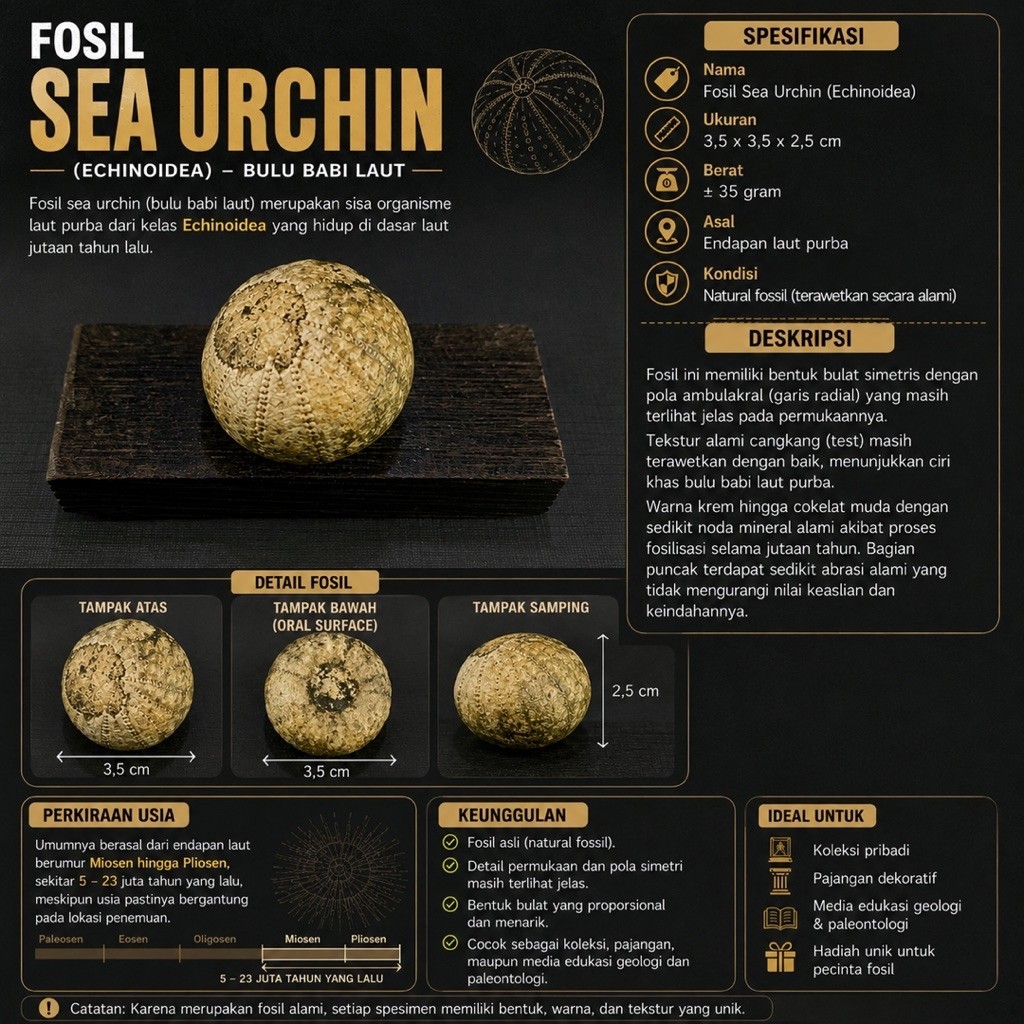 Fosil Echinoidea Purba Natural B19 atau Fosil Landak Laut atau Fossil Sea Urchin atau Fosil Bulu Bab