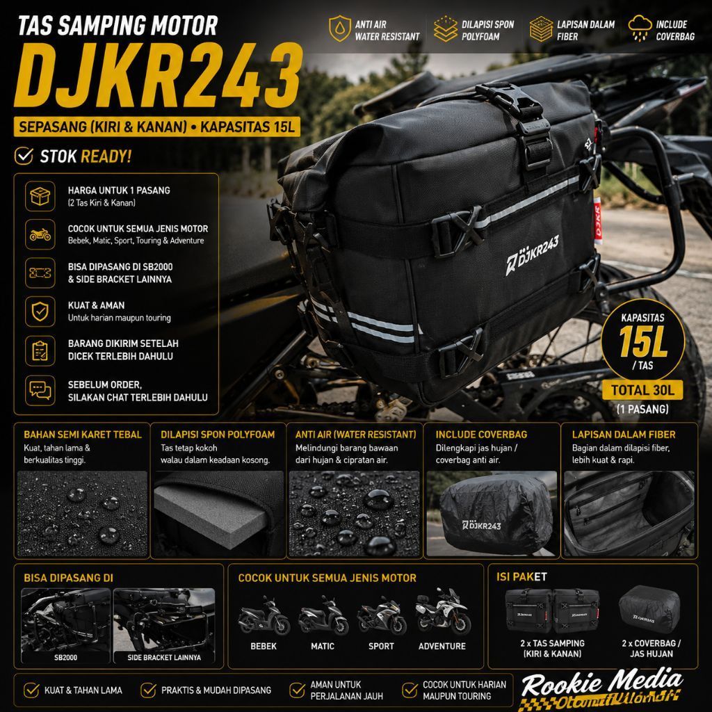 TAS SAMPING / SIDEBAG MOTOR DJKR243– SEPASANG (KIRI & KANAN) KAPASITAS 15L