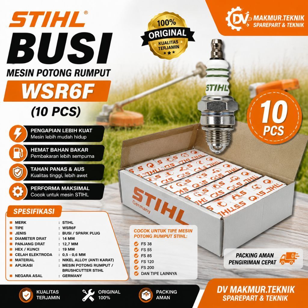PROMO MURAH BUSI STIHL (10 PCS) WSR6F ORIGINAL MESIN SENSO , POTONG RUMPUT STIHL ORIGINAL