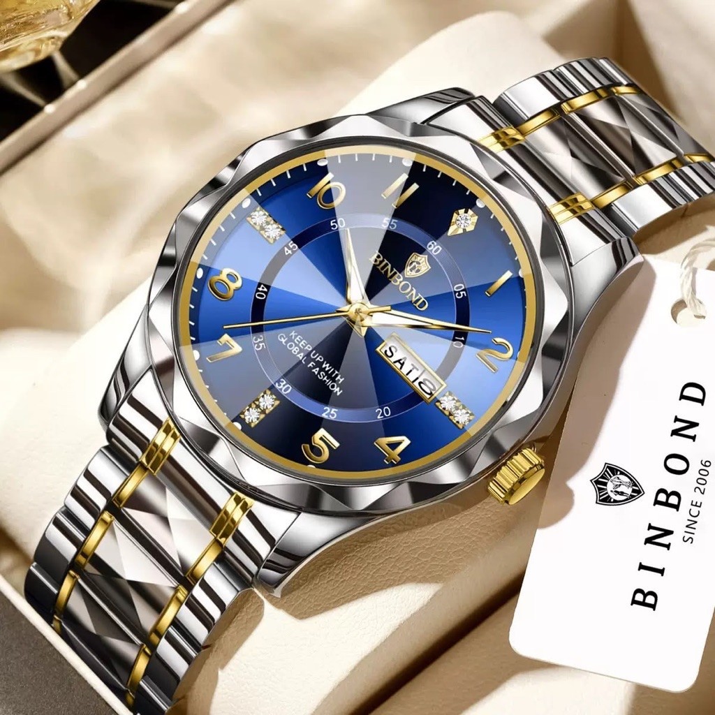 BINBOND B6632 Jam Tangan Pria Binbond Bercahaya Tali Baja Tahan Karat Dial Tahan Air 30M Model Bisni