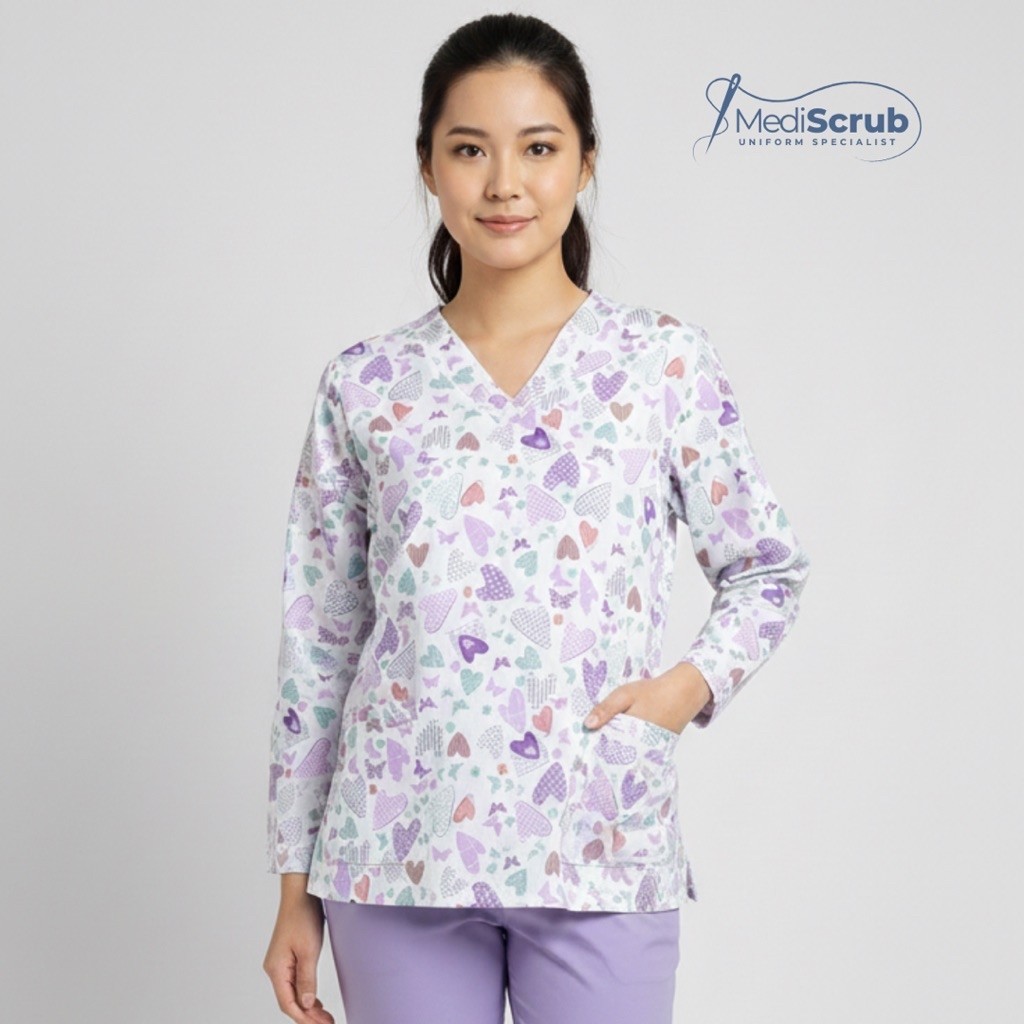 MEDISCRUB - V NECK Wanita Motif Lengan Panjang Celana Polos Scrub OK Medis