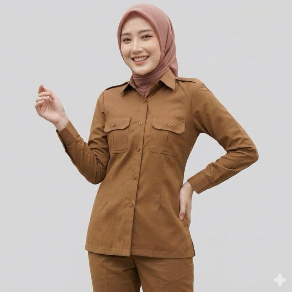 Clearance Baju Kemeja Pemda Wanita Pns Terbaru Model Stelan Saku Dada Rok A/Rok Span/Celana