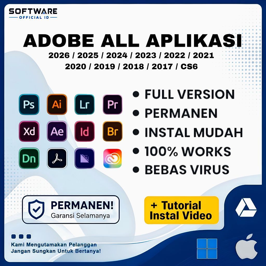 Adobe All Aplikasi ( Photoshop, Illustrator, InDesign, After Effect, Premiere Pro, Acrobat DC Pro, M