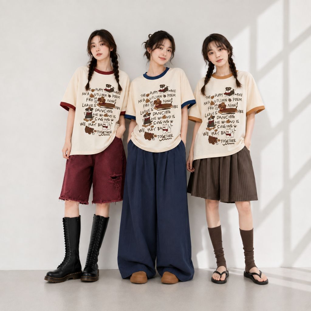 kaos vintage Soft Oversize Tee – Falling Leaves & Puppy Vibes T-Shirt Puppy Autumn – Yuk Main Bareng