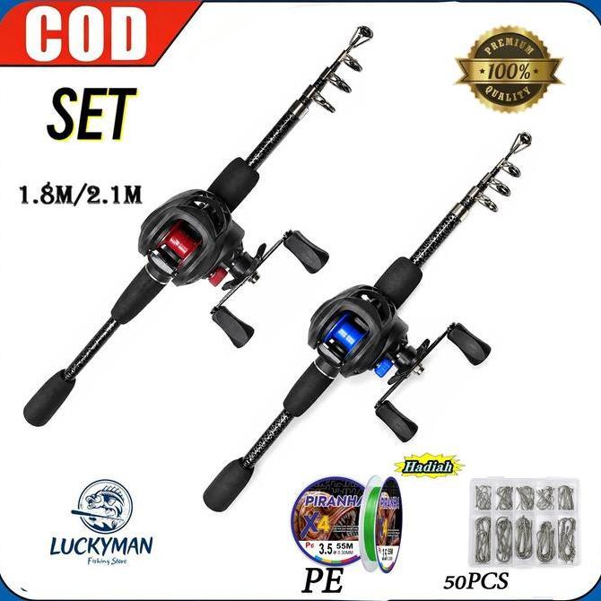 LUCKYMAN Set Joran Pancing 1,8m - 2,1m Joran Lure Warna Hitam, Dilengkapi Reel Baitcasting Rem Magne