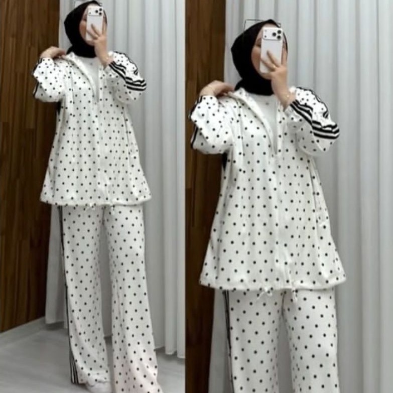 setelan wanita motif polkadot knit premium / one set sporty olahraga / baju tidur totol totol polka 